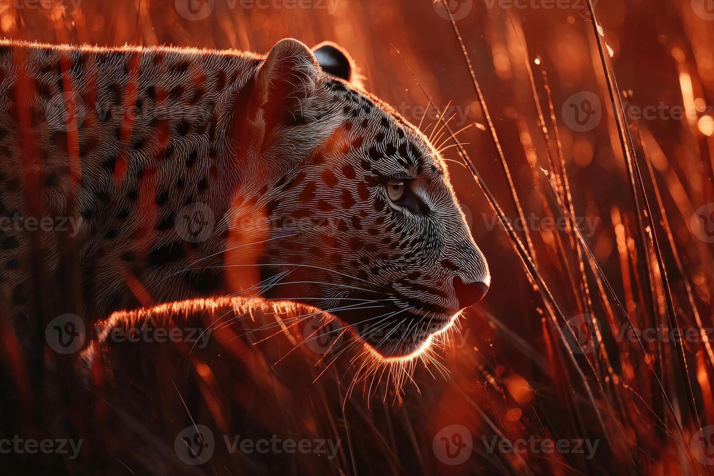 Leopard prowling silently at dusk through tall grass in a vibrant savanna landscape photo