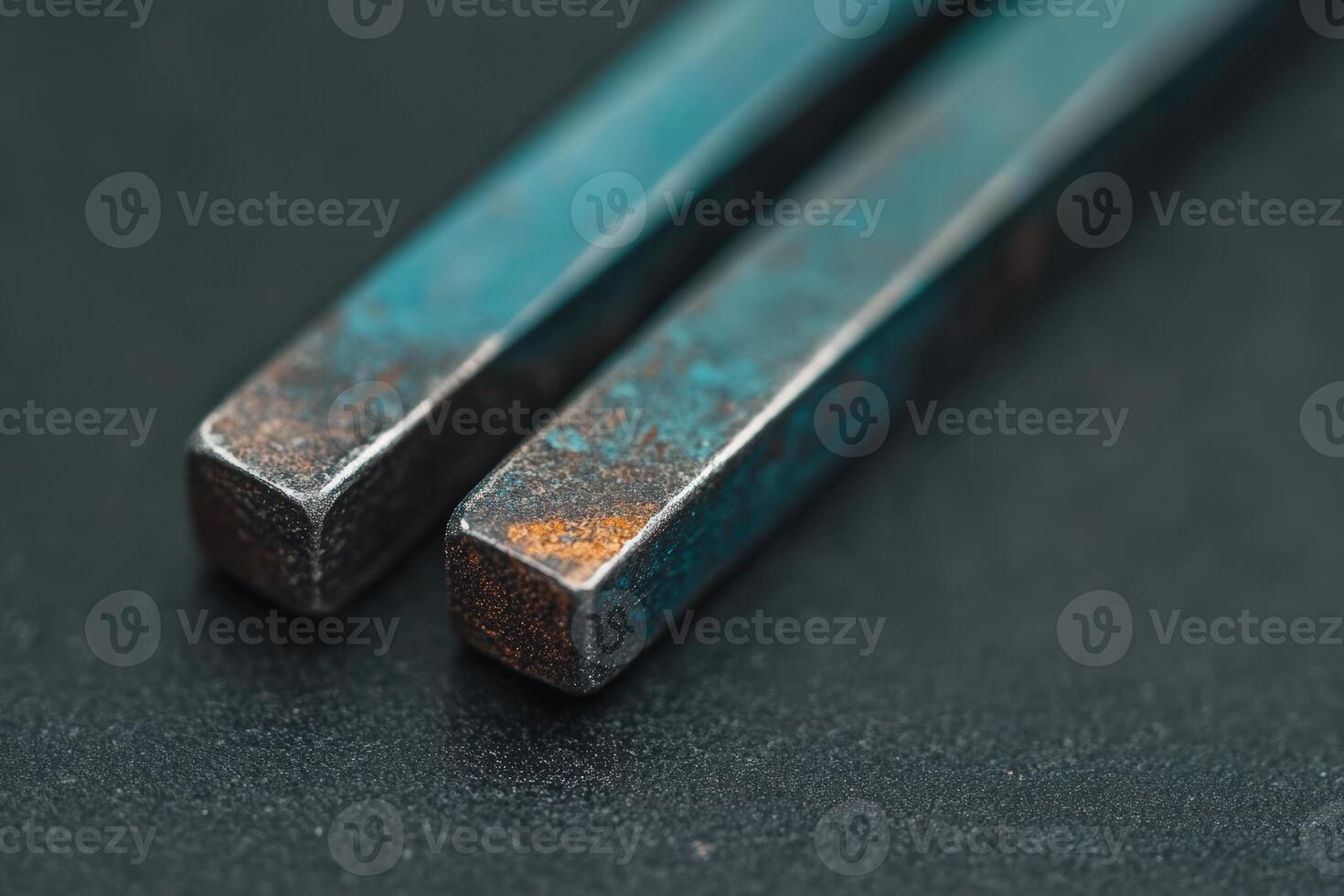 Rusty metal tools resting on a dark surface in a workshop setting during daytime photo