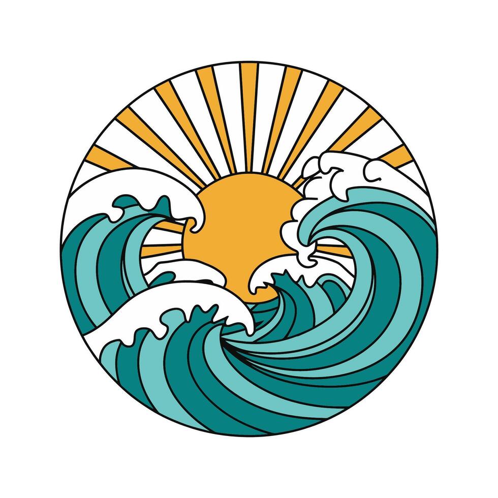 Sunrise Over Ocean Waves Circular Illustration vector