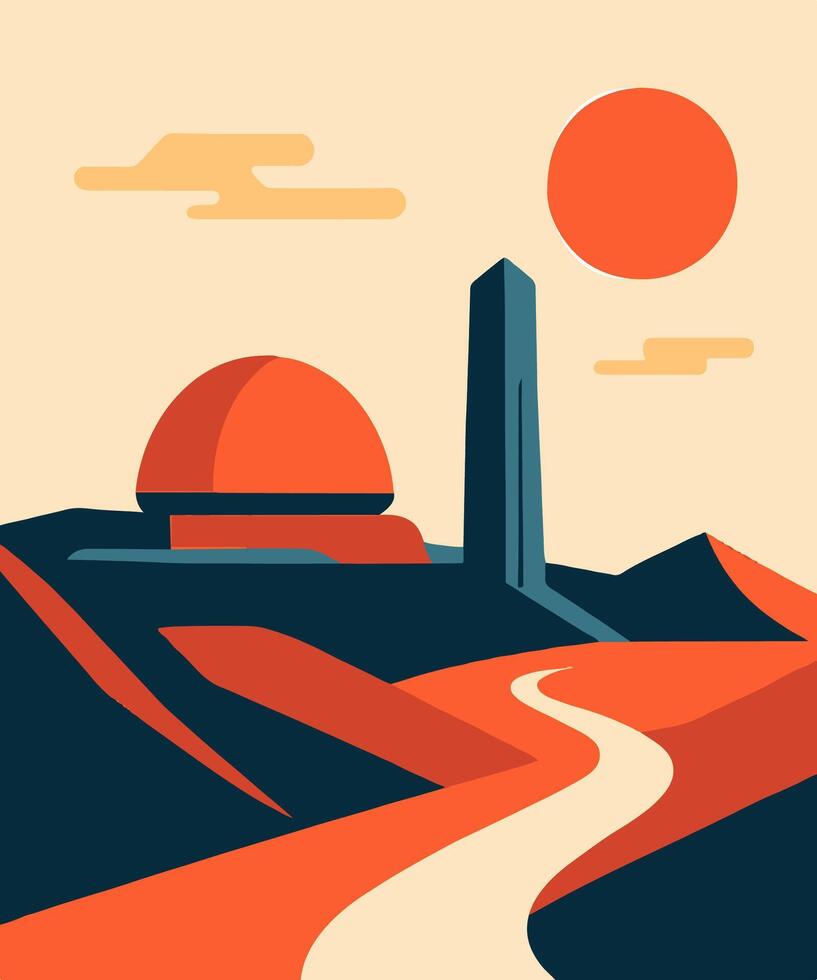 Minimalist landscape with abstract hills, a dome, a tall tower, and a bright sun. Modern and futuristic feel with bold, warm tones. vector