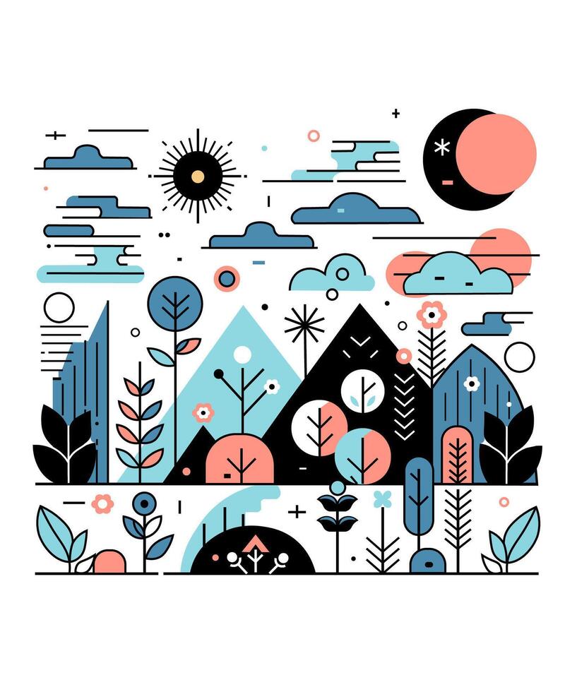 abstract nature with sun, moon, mountains, trees, and clouds in a minimal geometric style. Perfect for backgrounds, posters, and creative designs. vector