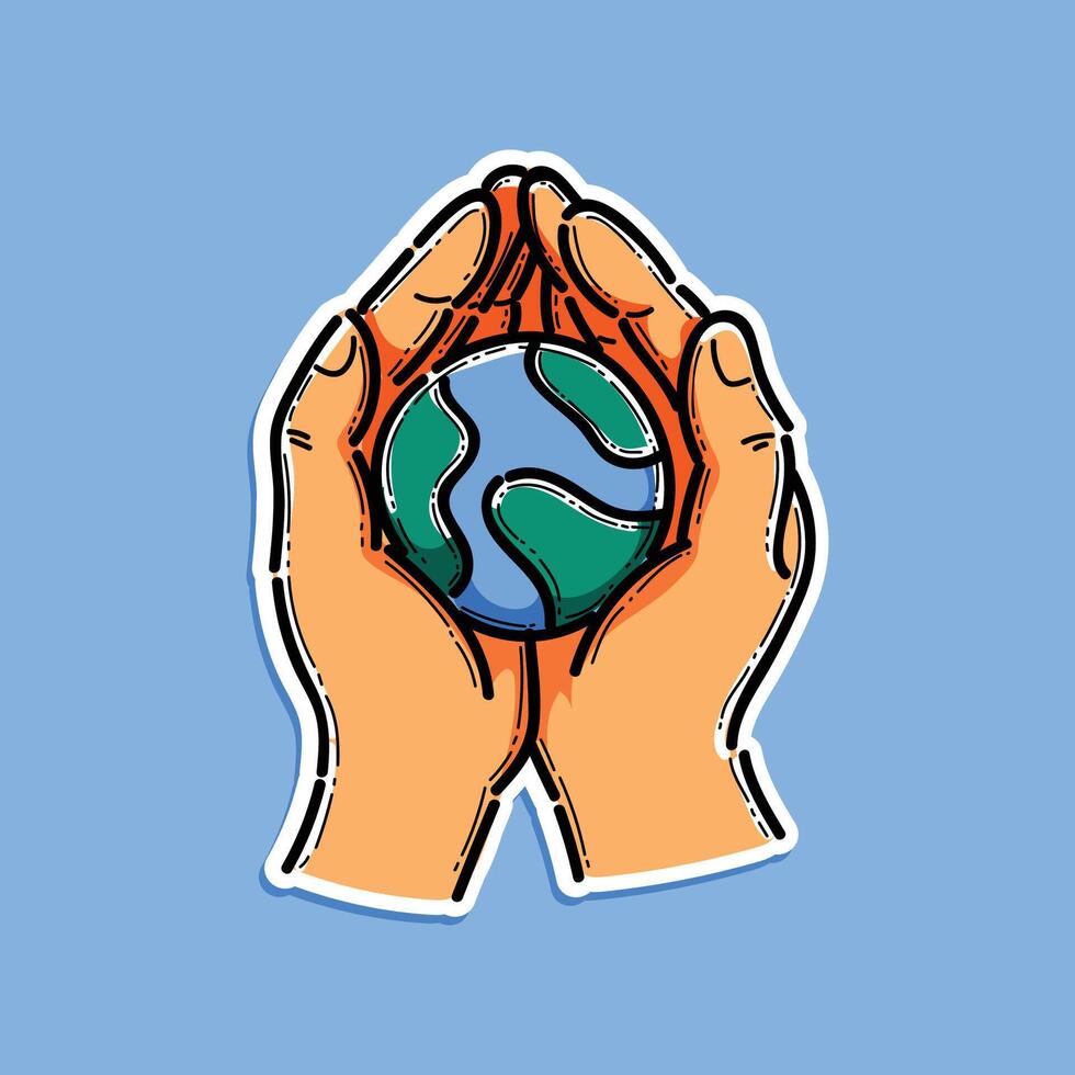 A design depicting hands encircling a globe, World Earth Day unity, and environmental awareness. The captivating light blue background enhances the illustration's symbolic appeal. vector