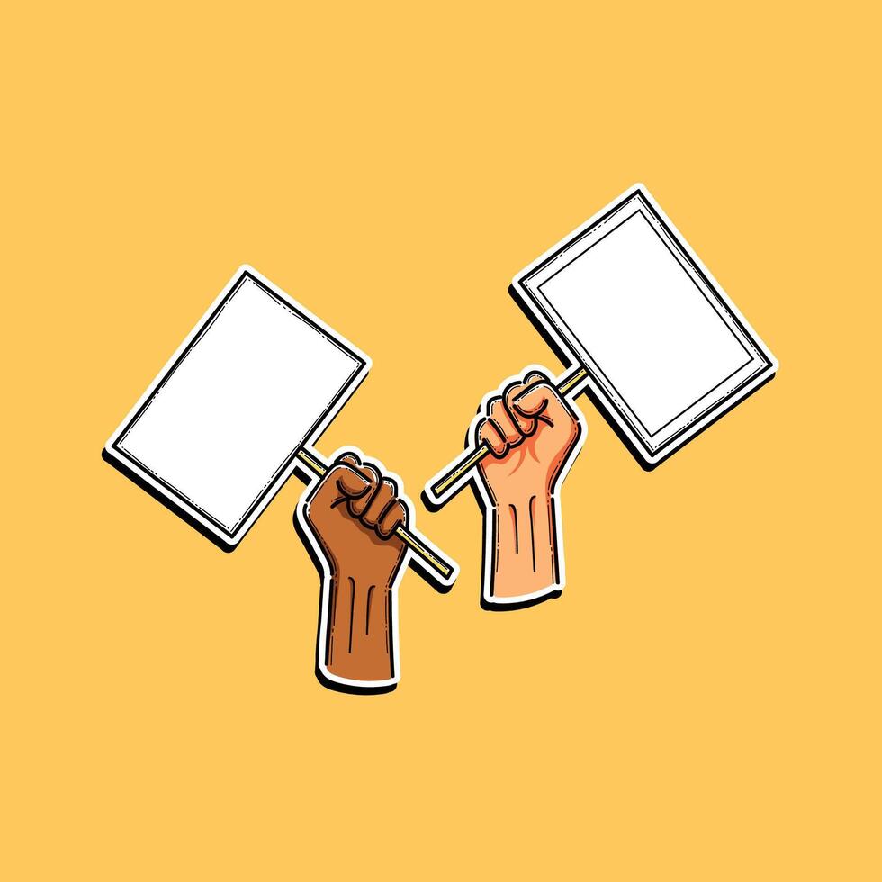 Digitally illustrated raised hands holding blank protest signs symbolizing justice, unity, and activism. The bright yellow background themes of social change, solidarity. vector