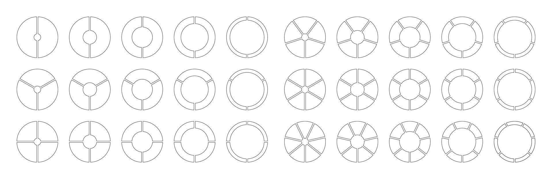 Circle division from 2 to 7 equal parts. Coaching blank. Diagrams with segments. Pie, pizza chart icon. Set of Infographics minimalist. Wheel round divided. Section graph black line art. Donut charts. vector