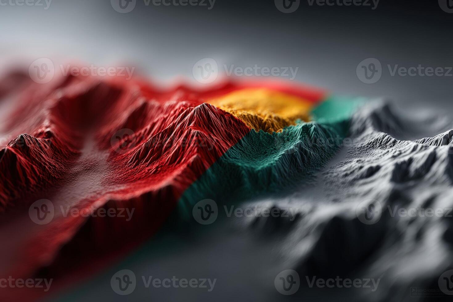 3D representation of mountain ranges with colorful national flag elements at dusk photo