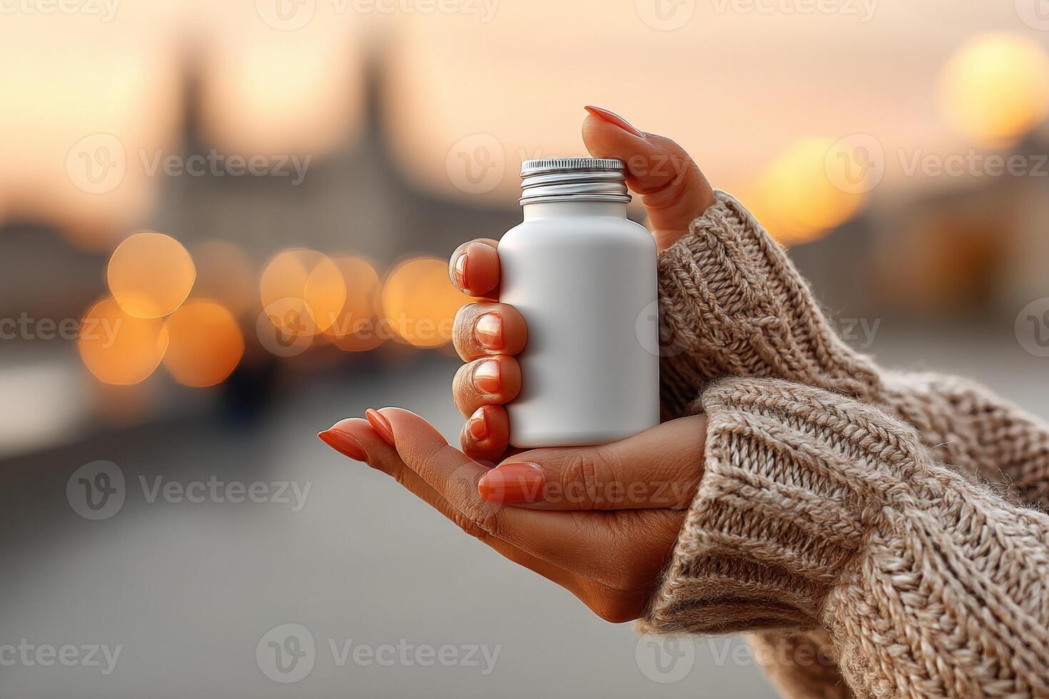 Hands holding a small white bottle during sunset near a cityscape with blurred lights in the background photo