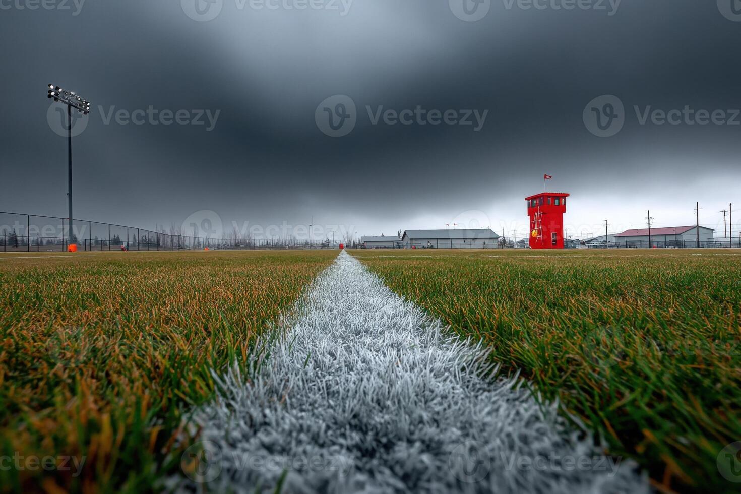 Dark clouds gather over a sports field as grass lines guide the view towards a distant red observation tower photo