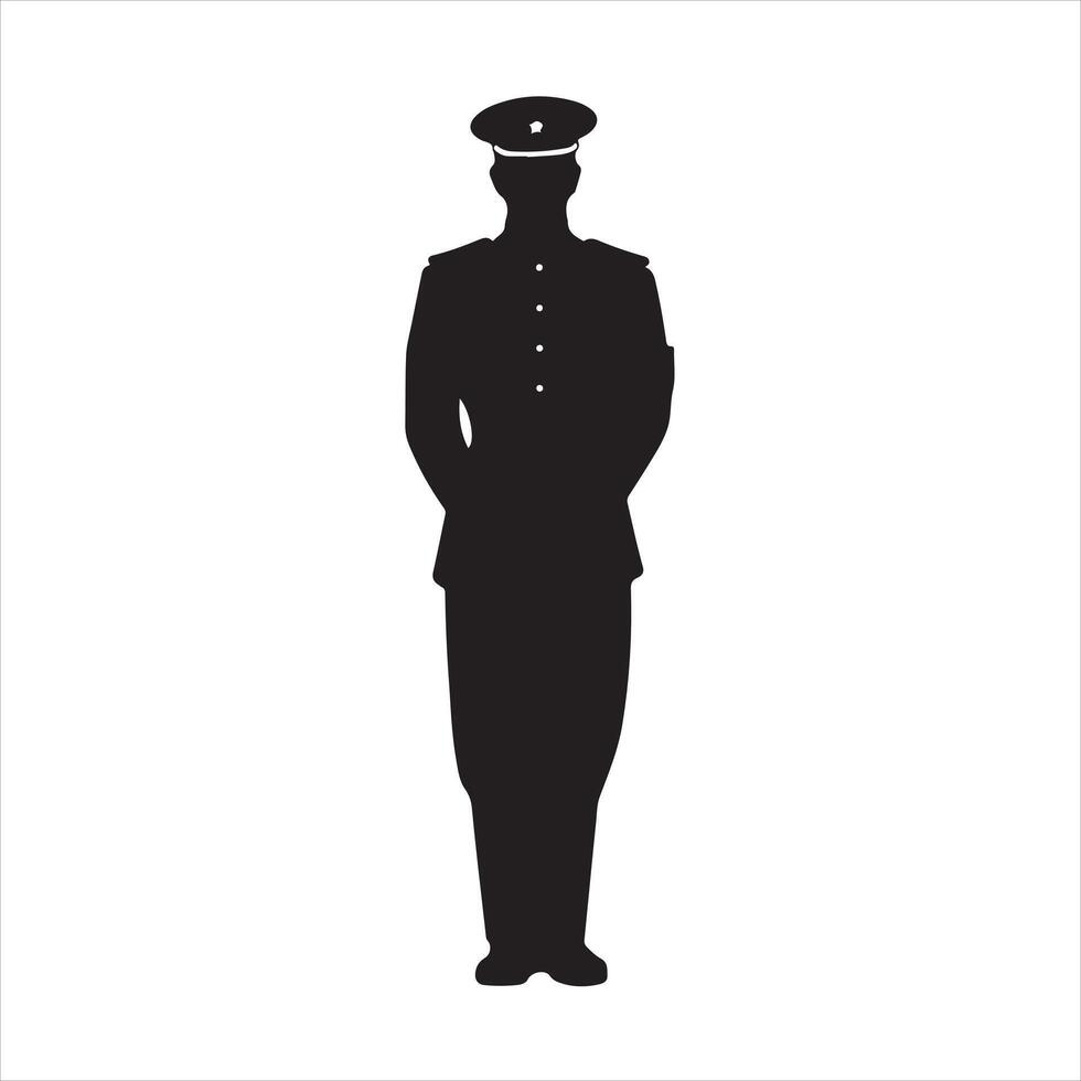 man poses wearing uniform stands black silhouette vector