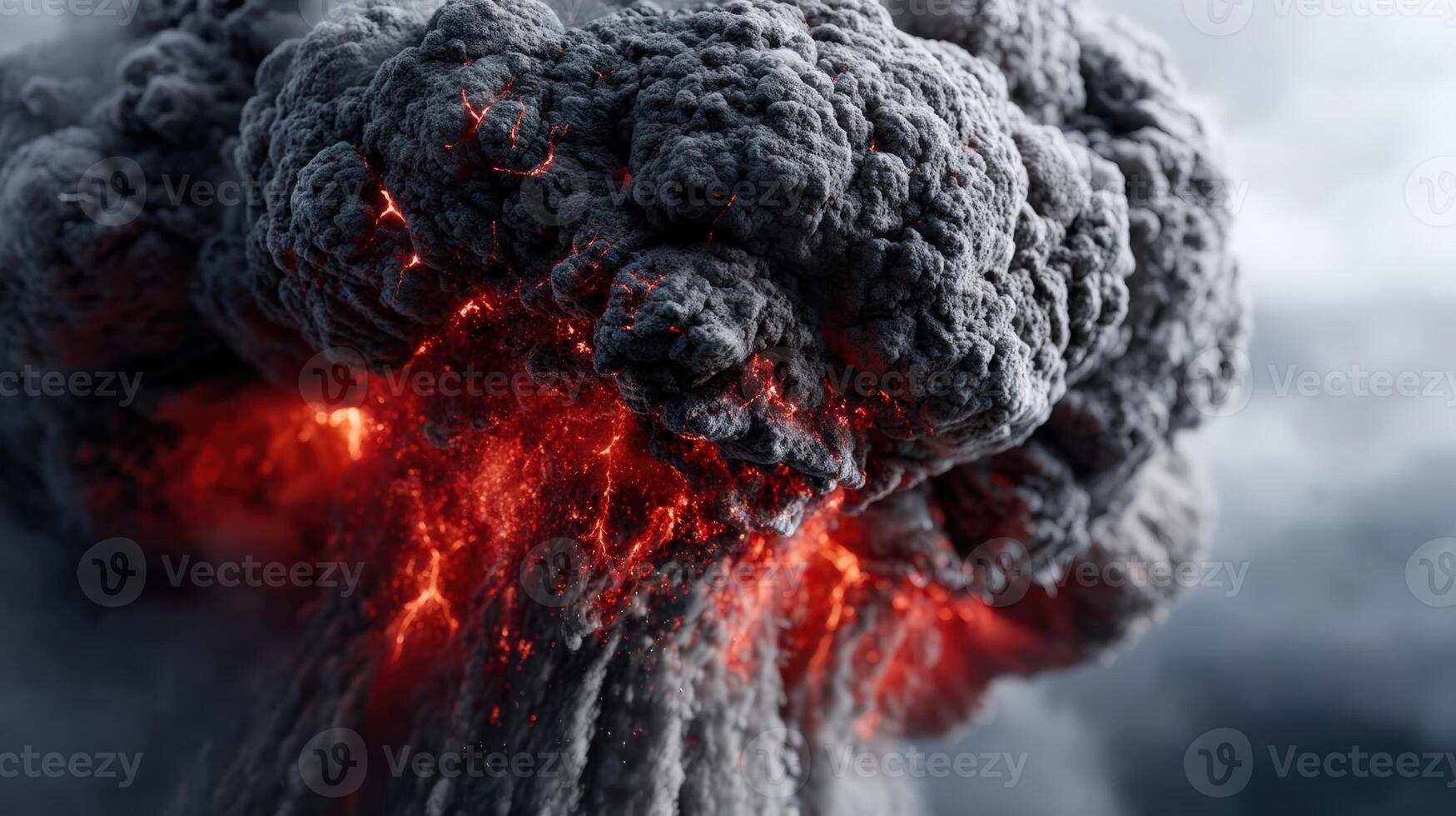 Volcanic eruption releases ash and lava in a dramatic explosion under cloudy sky photo