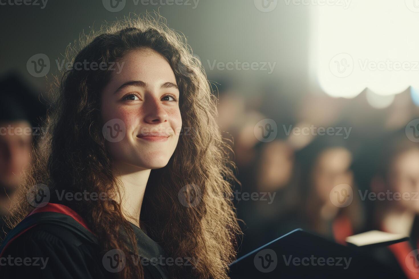 Graduate smiling during commencement ceremony at university in bright auditorium photo