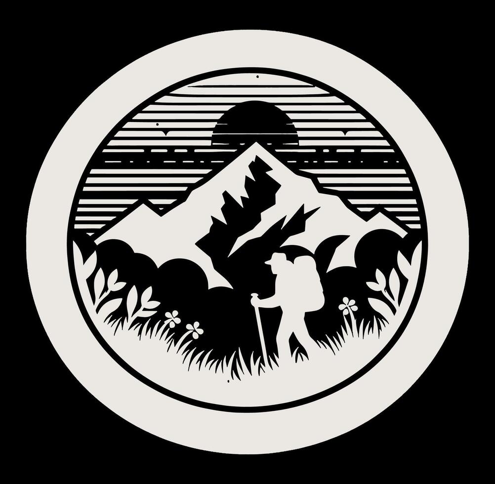 A black and white logo of a man hiking in the mountains vector