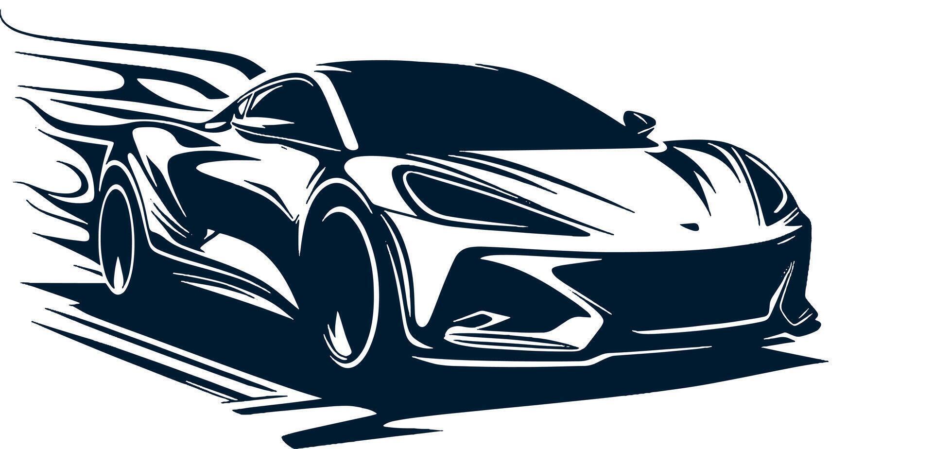 A black and white car with flames coming out of it vector