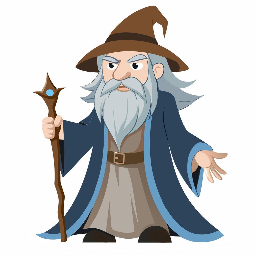 old wizard with wand .Isolated on white background. Suitable for posters,sticker, logo, children's books,games . vector