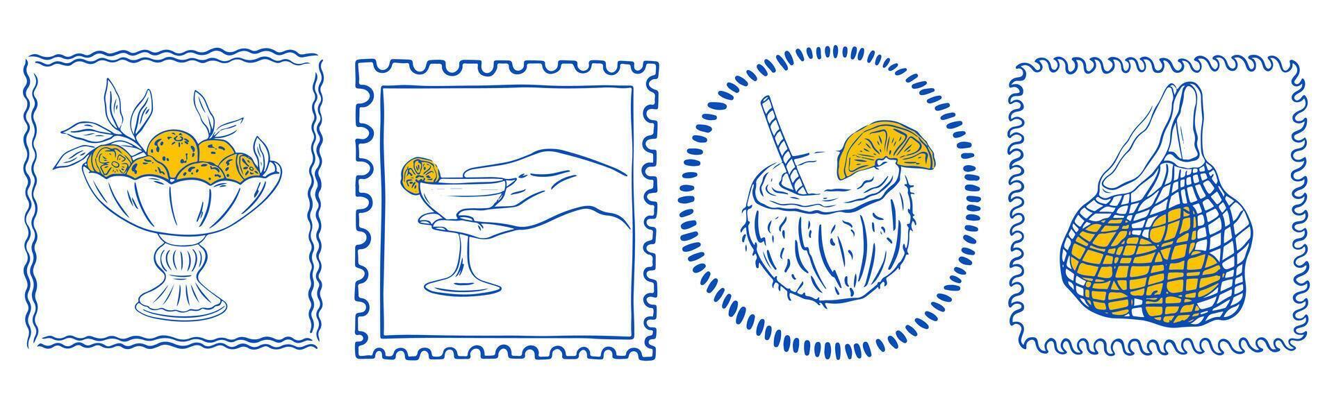 Vintage Italian summer vacation poster set. Hand drawn retro frame or border element design, elegant scenes or Sicilia or amalfi badge with lemons. travel postcard stamp, summer engraving vector