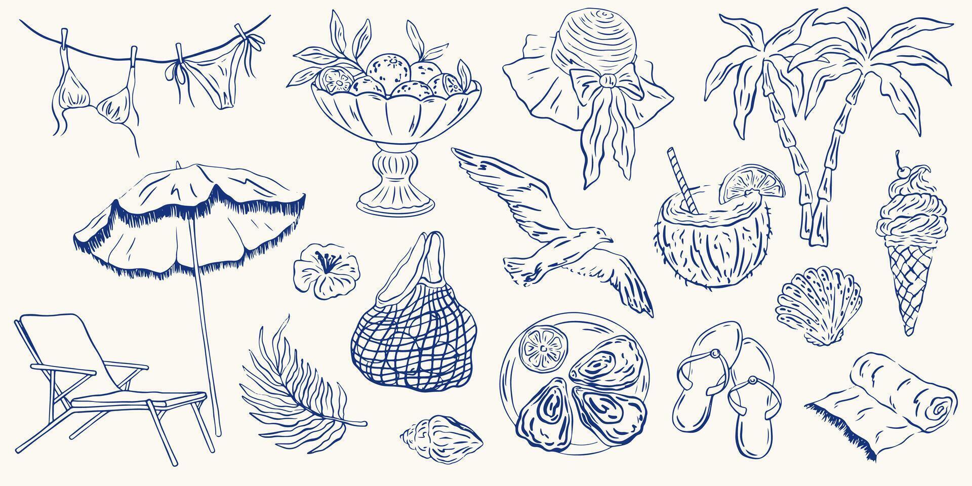 Hand drawn Italian summer vacation illustration set. Palm tree, lemon, cocktails and seashells in doodle sketch style. Sea weekend or rest collection for invitations to beach party, picnic, wedding. vector