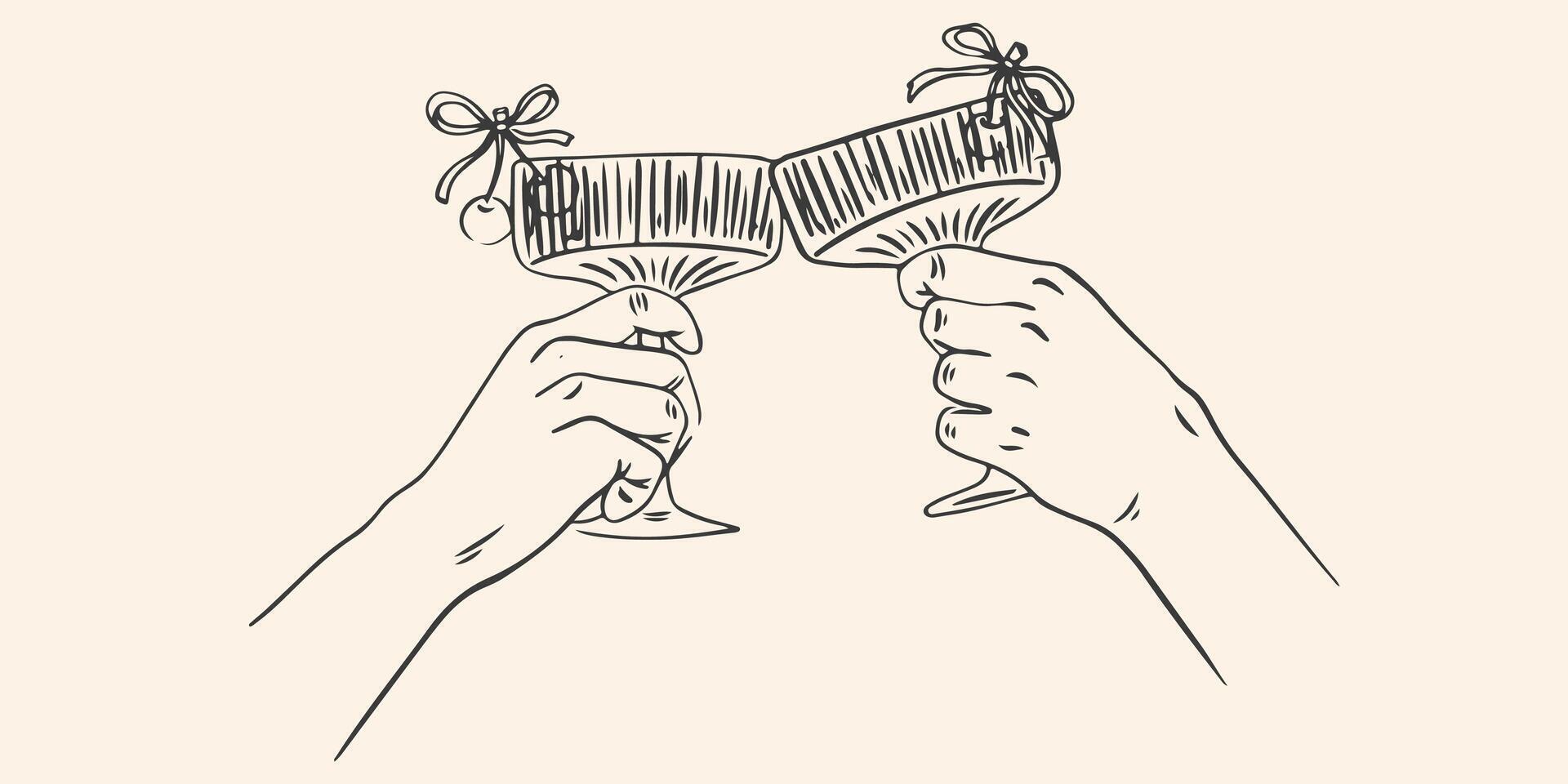 Hand drawn chalk cheers. Hands with cocktail glass and cherry drawings for wedding invitations, menus and parties. Doodle art template. Clipart vintage ink doodle sketch style vector