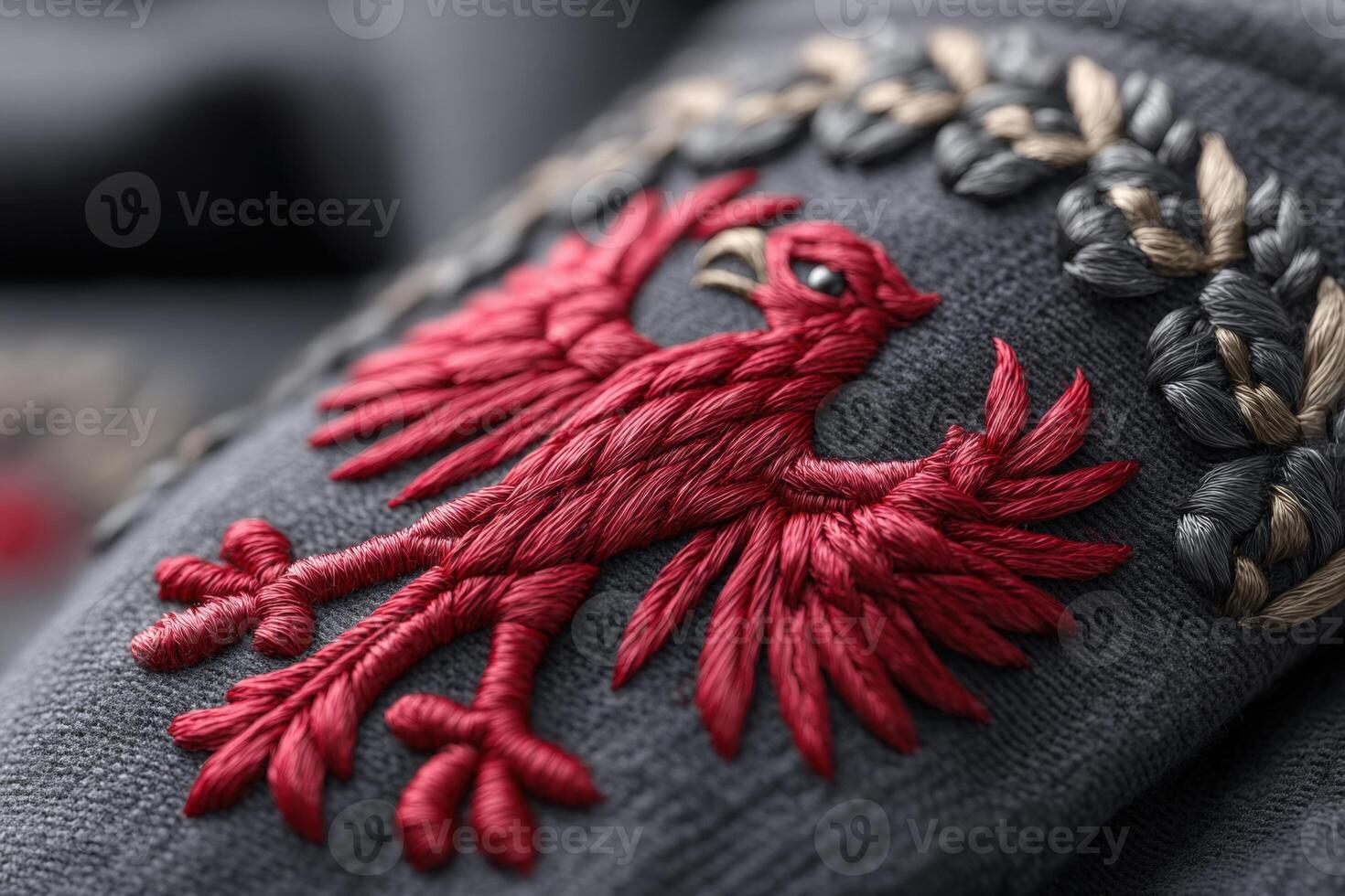 Detailed close-up of a red embroidered eagle design on fabric showing craftsmanship photo