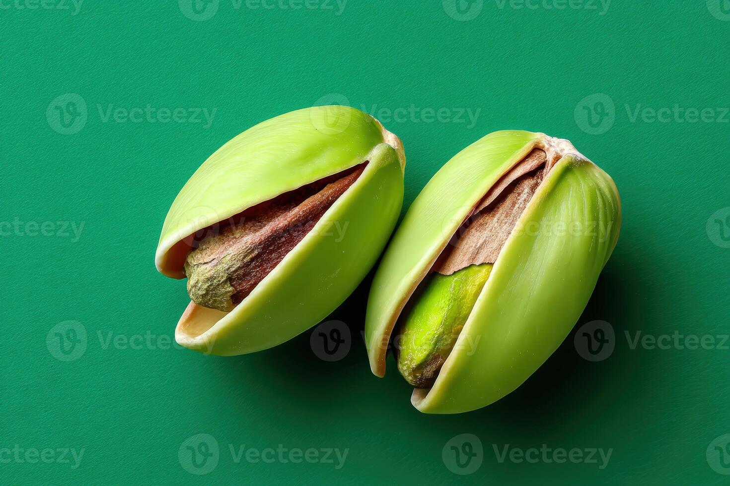 Pistachios in a natural shell on vibrant green background creating a fresh aesthetic photo