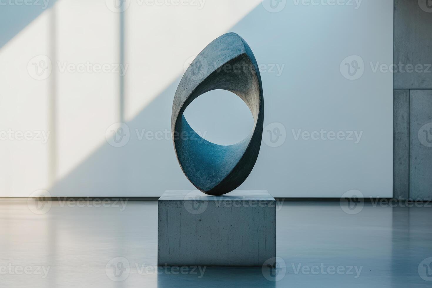 Modern abstract sculpture displayed in minimalist gallery during bright daylight hours photo