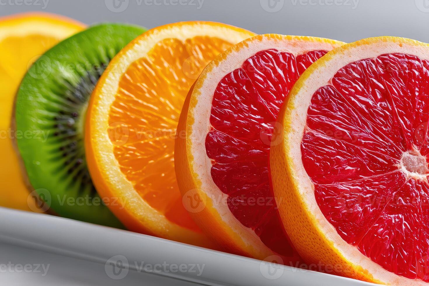 Colorful slices of citrus fruits arranged on a platter showcase vibrant colors and textures for a refreshing treat photo