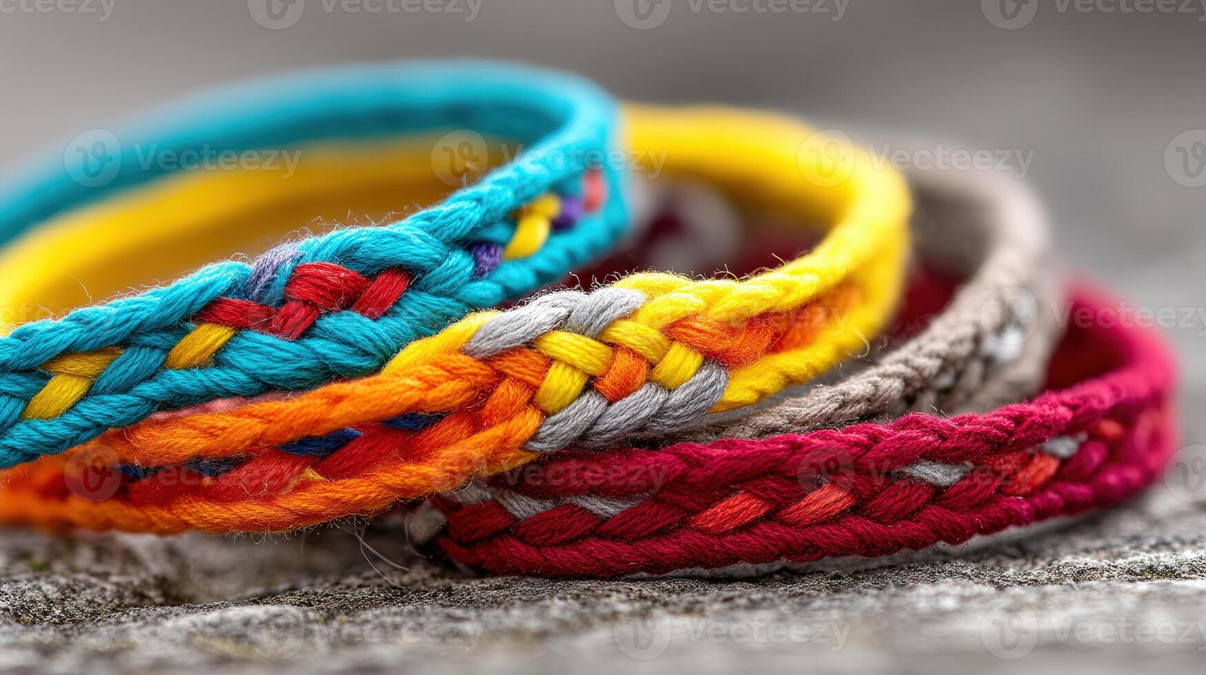 Colorful woven bracelets displayed on a textured surface in natural light photo