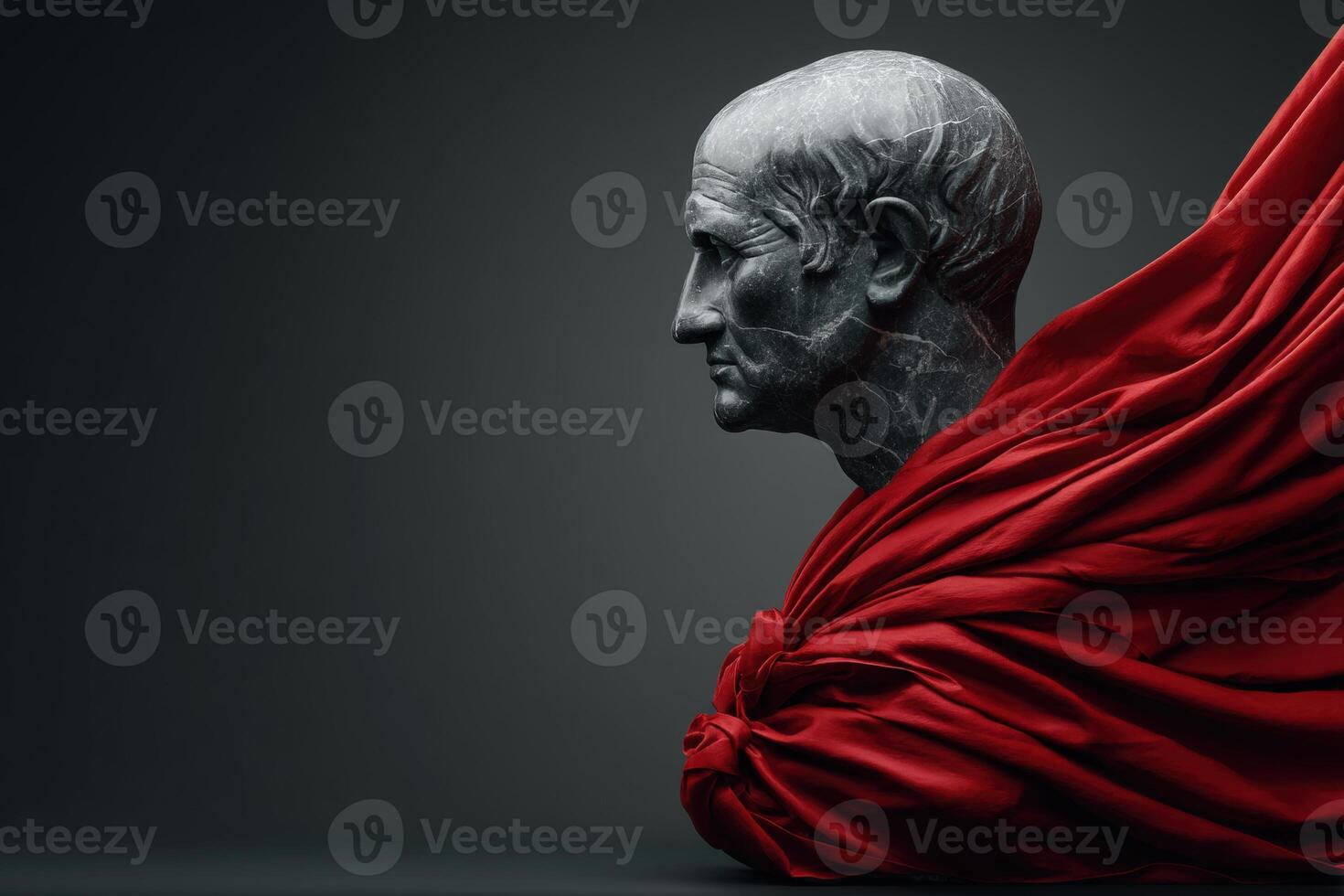 Classical bust draped in red fabric showcasing intricate details and historical significance photo