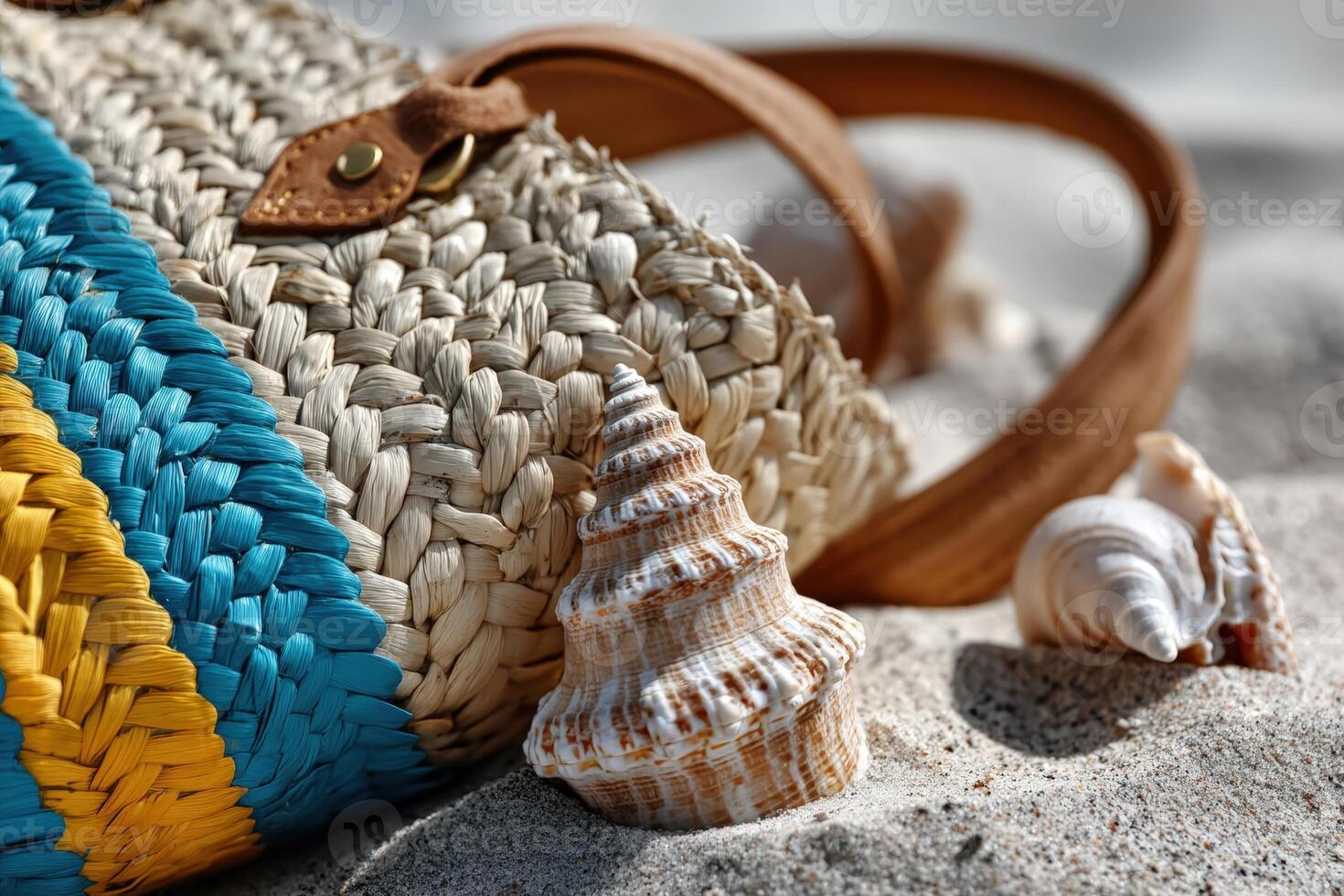 Beach bag and seashells resting on sandy shore during a sunny day photo