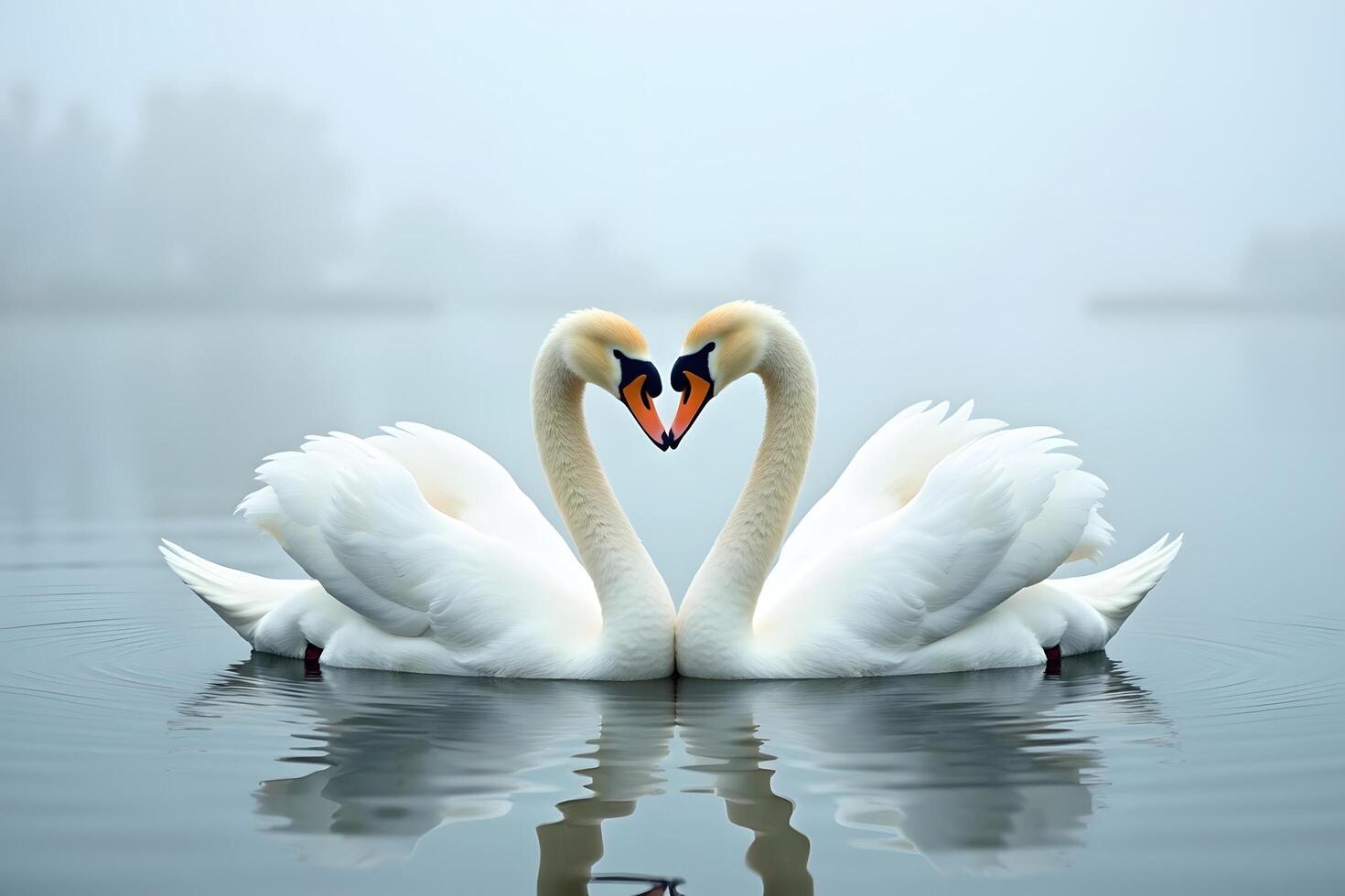 Two swans making a heart shape in the water photo