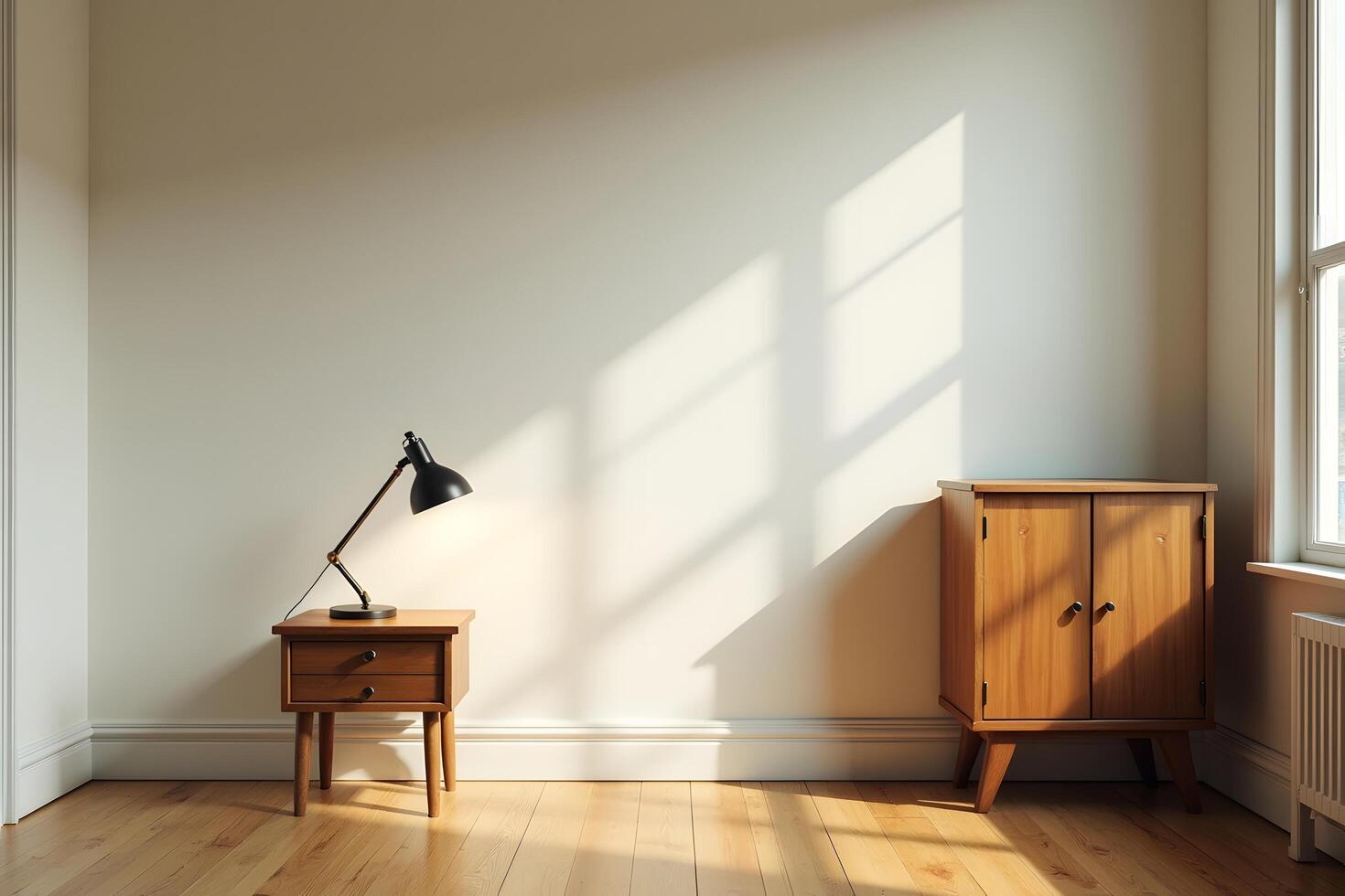 A room with a table and a lamp sitting on a wooden floor photo