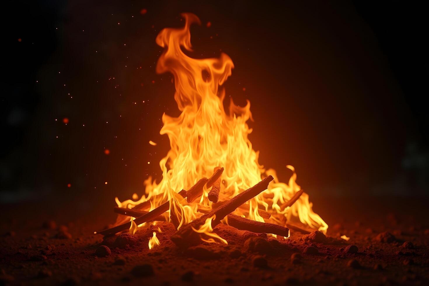 A bonfire is lit up in the dark photo