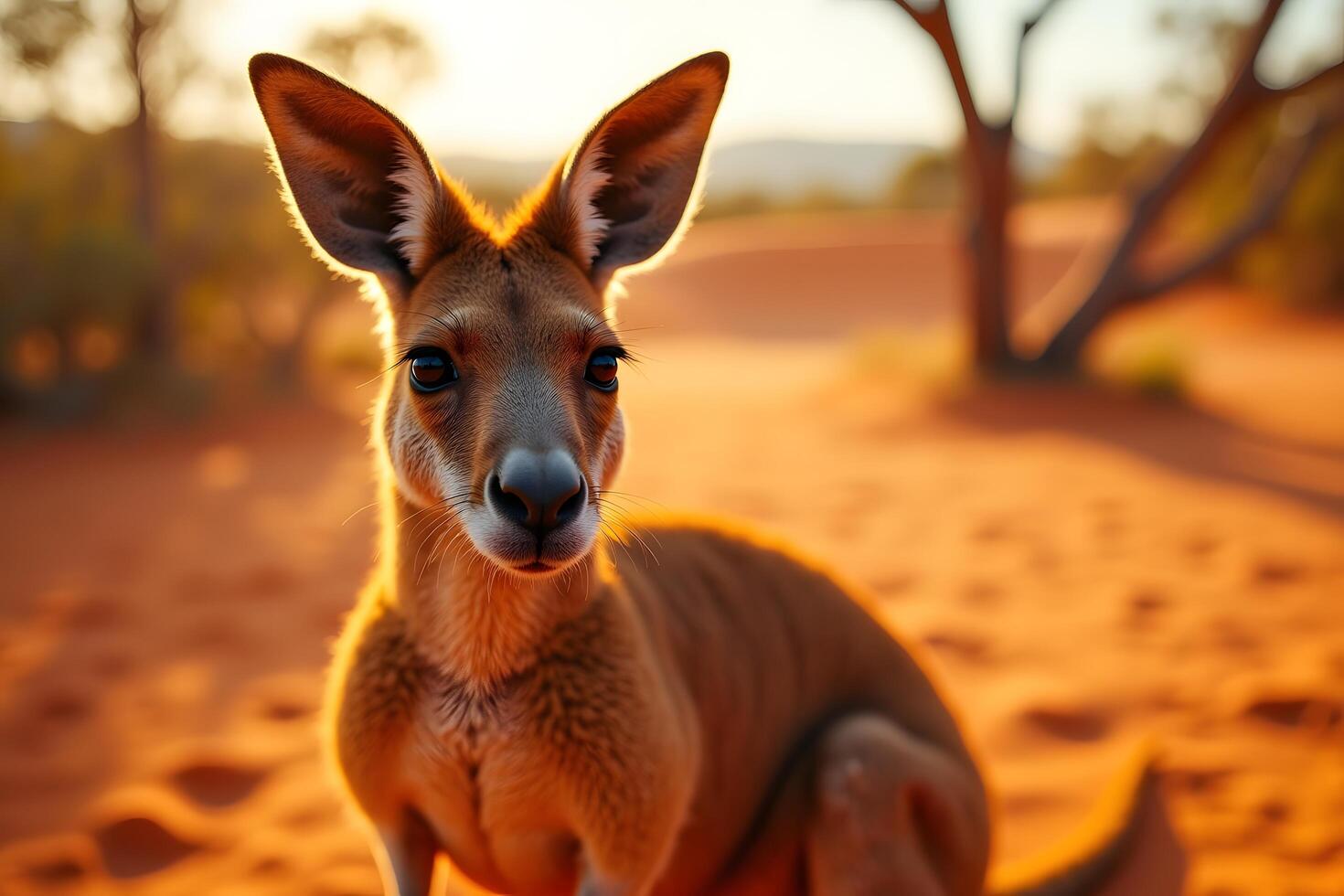 A kangaroo is sitting on the ground in the desert photo