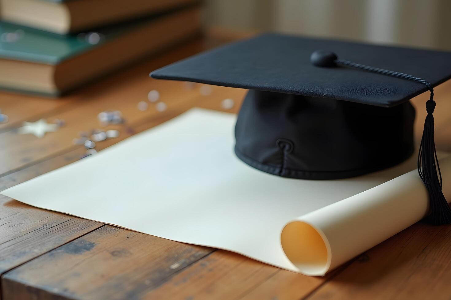 Graduation cap and diploma on a table photo