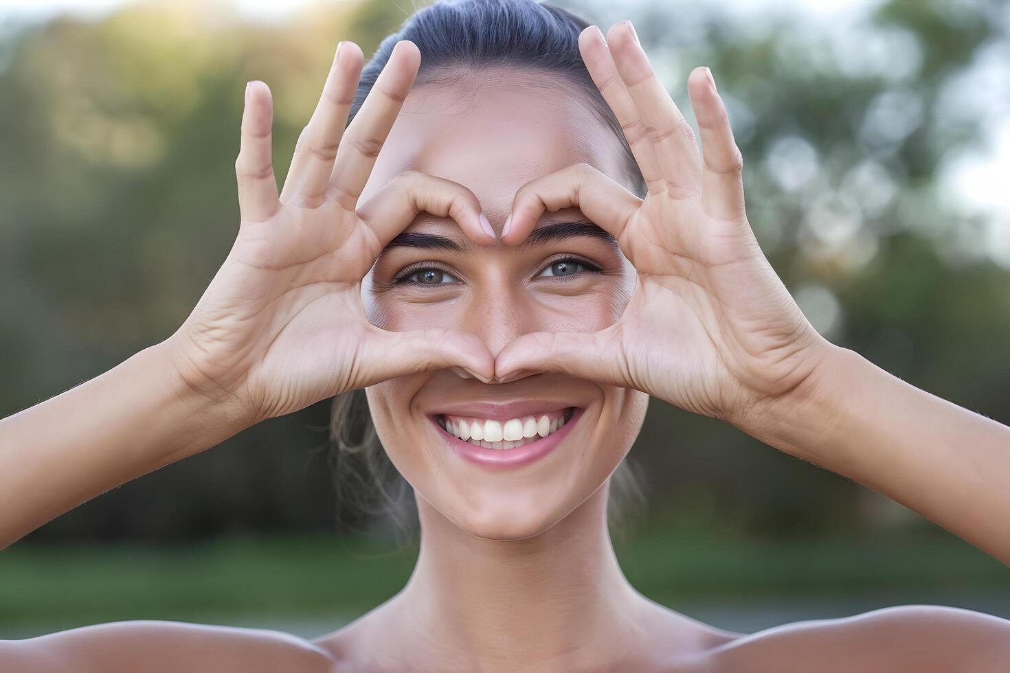 A woman making a heart shape with her hands photo