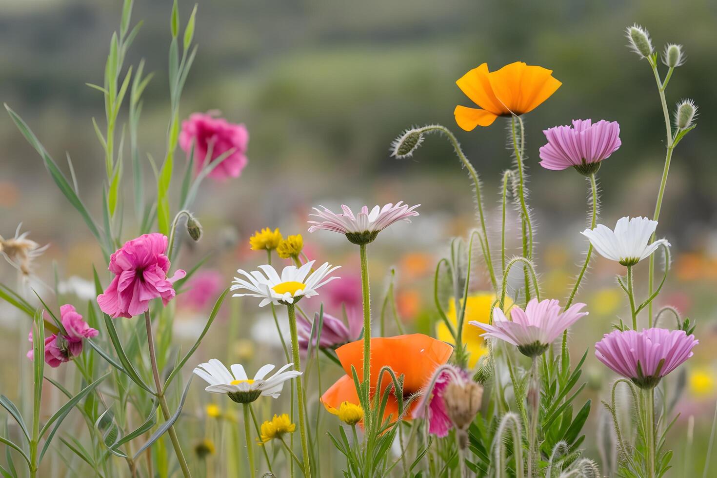 A field of wildflowers with a variety of different flowers photo