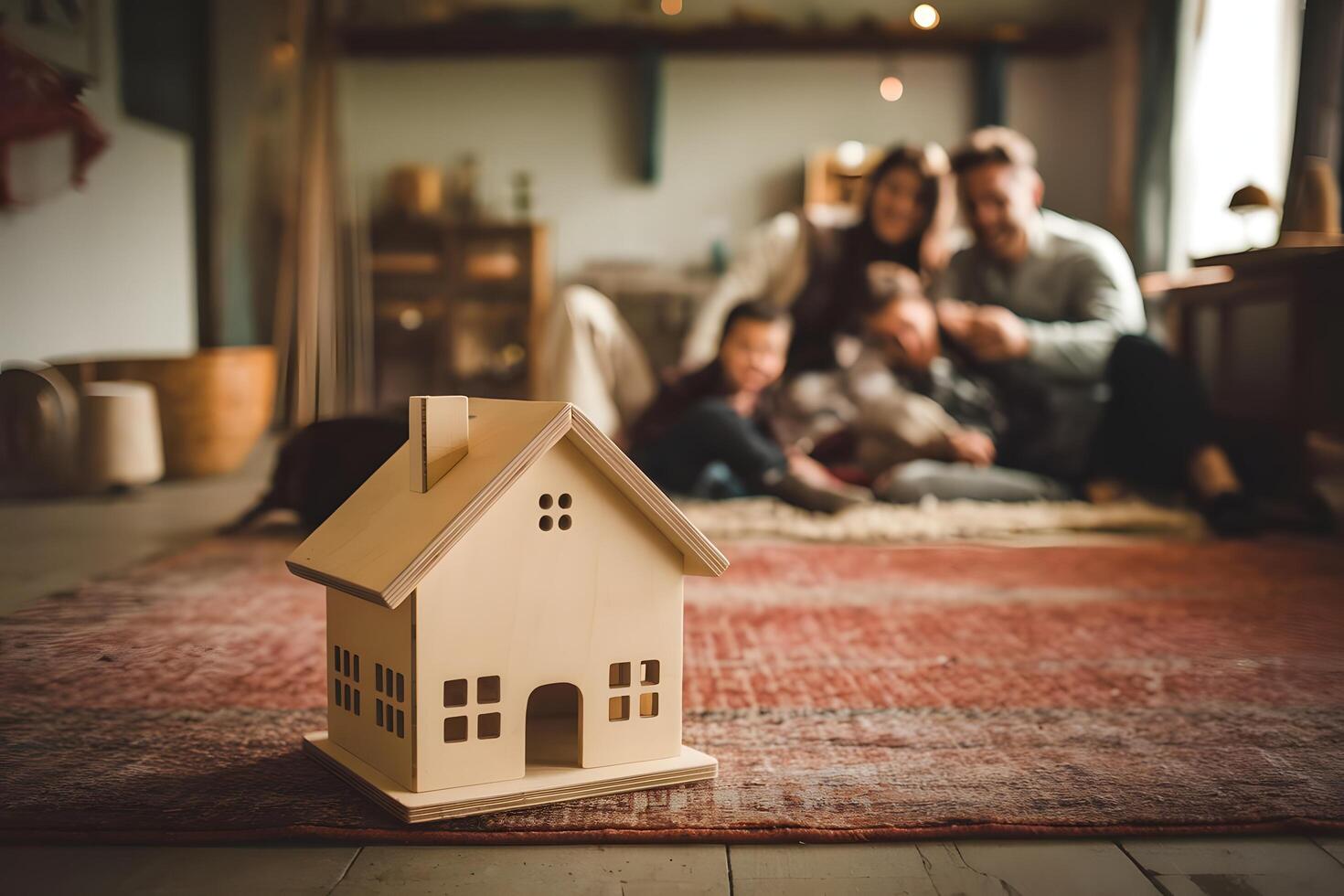 A family sits in front of a house model photo