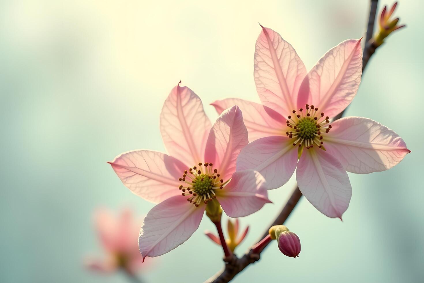 Two pink flowers are on a branch photo