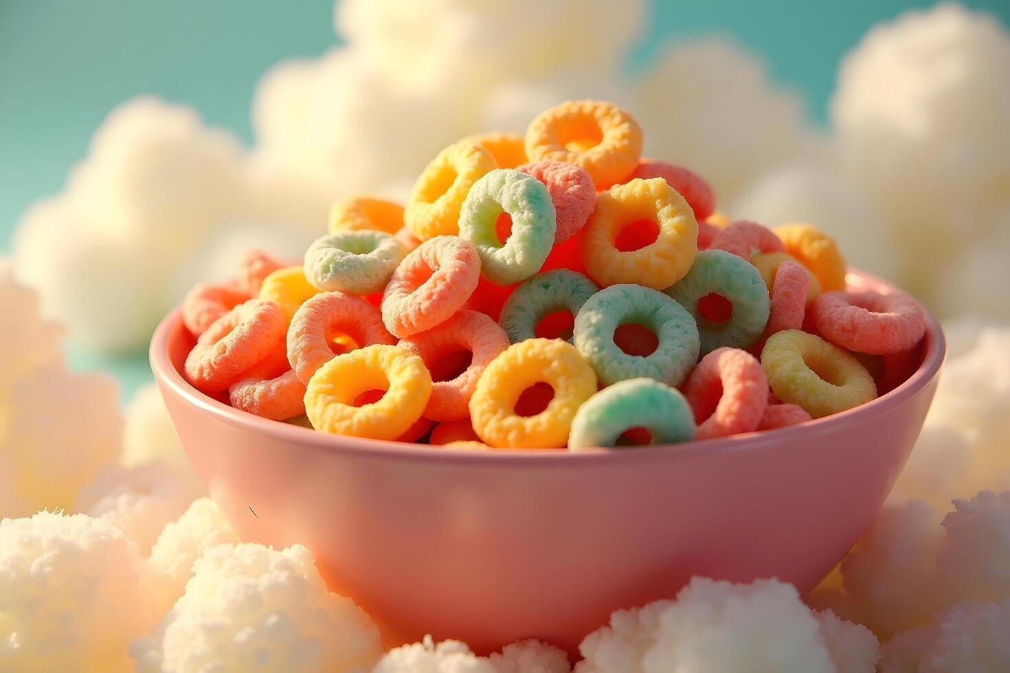 A bowl of cereal with colorful cereal rings photo