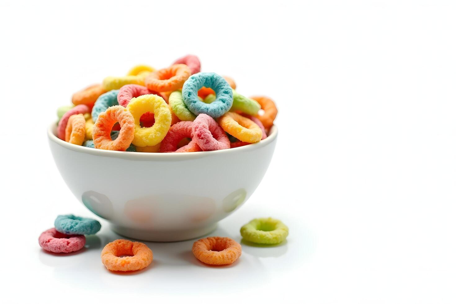 A bowl filled with colorful cereal rings photo