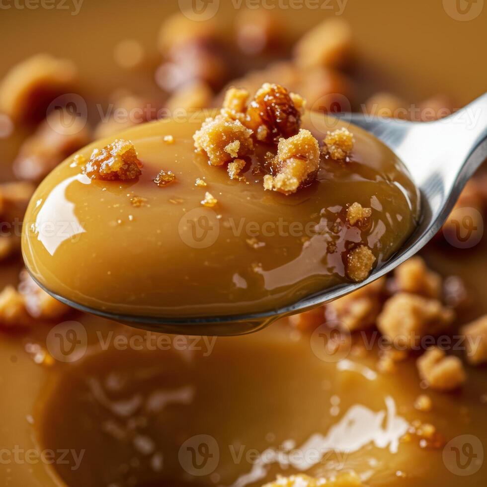 A spoon with a spoon of caramel sauce on it photo