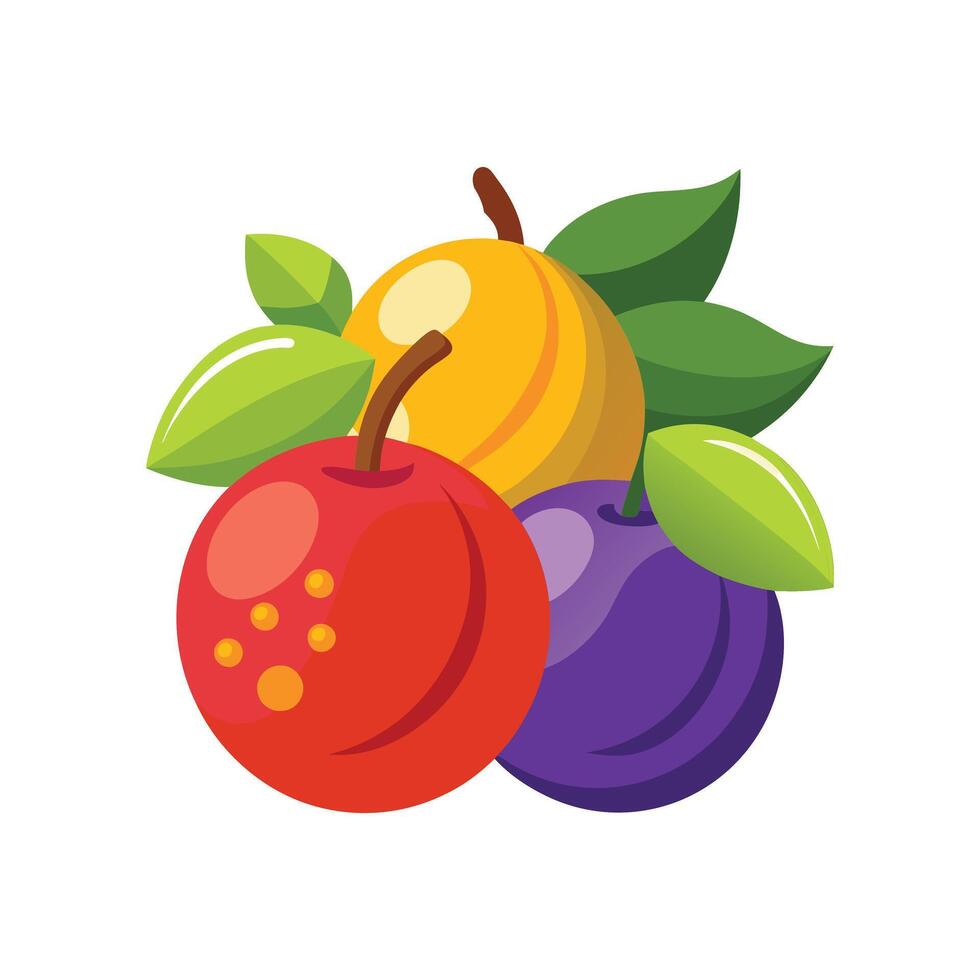 Colorful Mix of Fruits Apple Plum and Apricot with Green Leaves vector