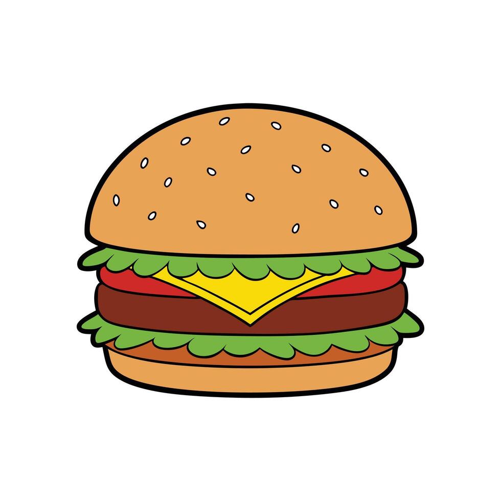 Cheeseburger with sesame seed bun, lettuce, tomato, cheese and beef patty vector