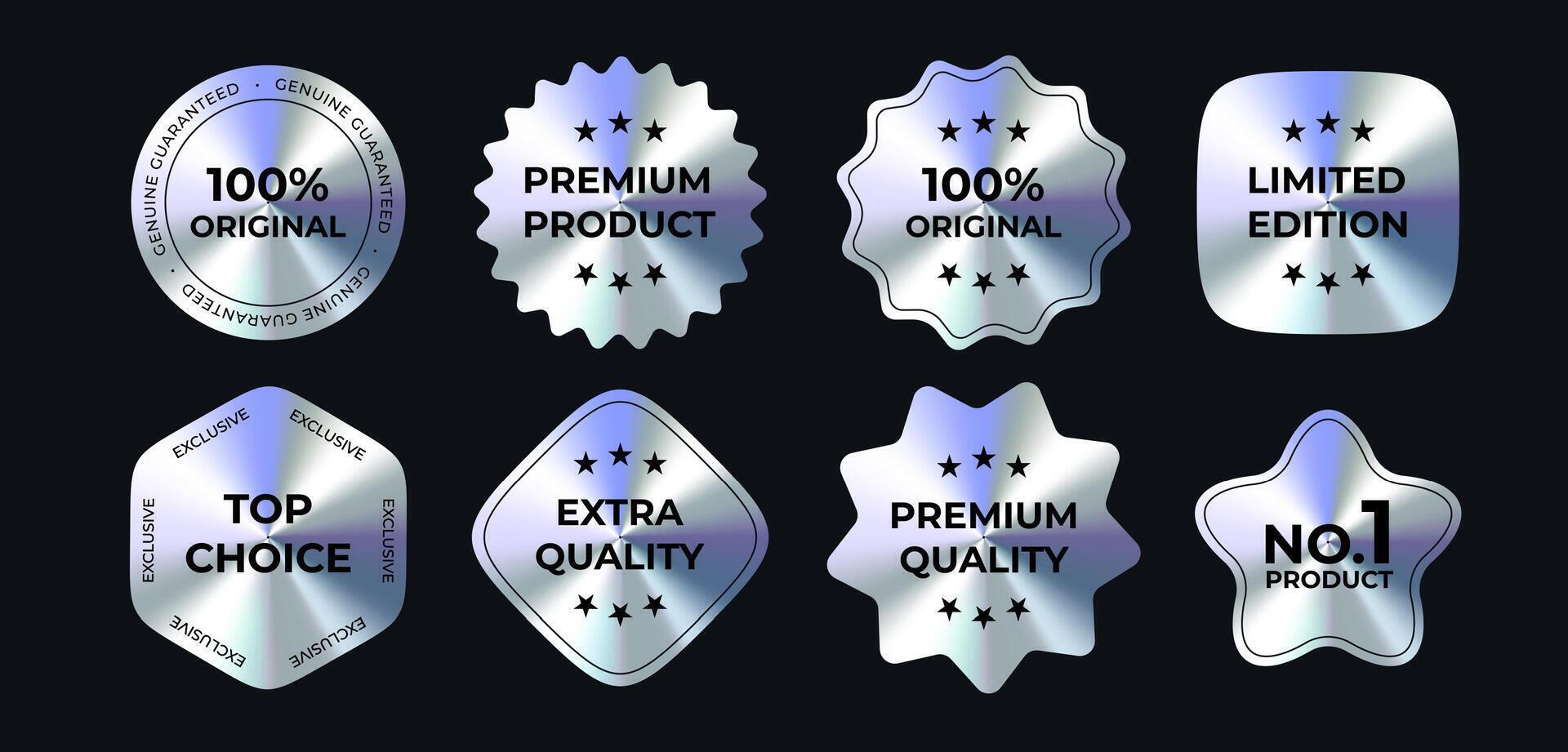 Metallic Silver Badges Set With Premium Quality Labels On Dark Background. Glossy Chrome Stickers Collection For Product Branding, Packaging, Advertising Or Promotion Design. Illustration. vector