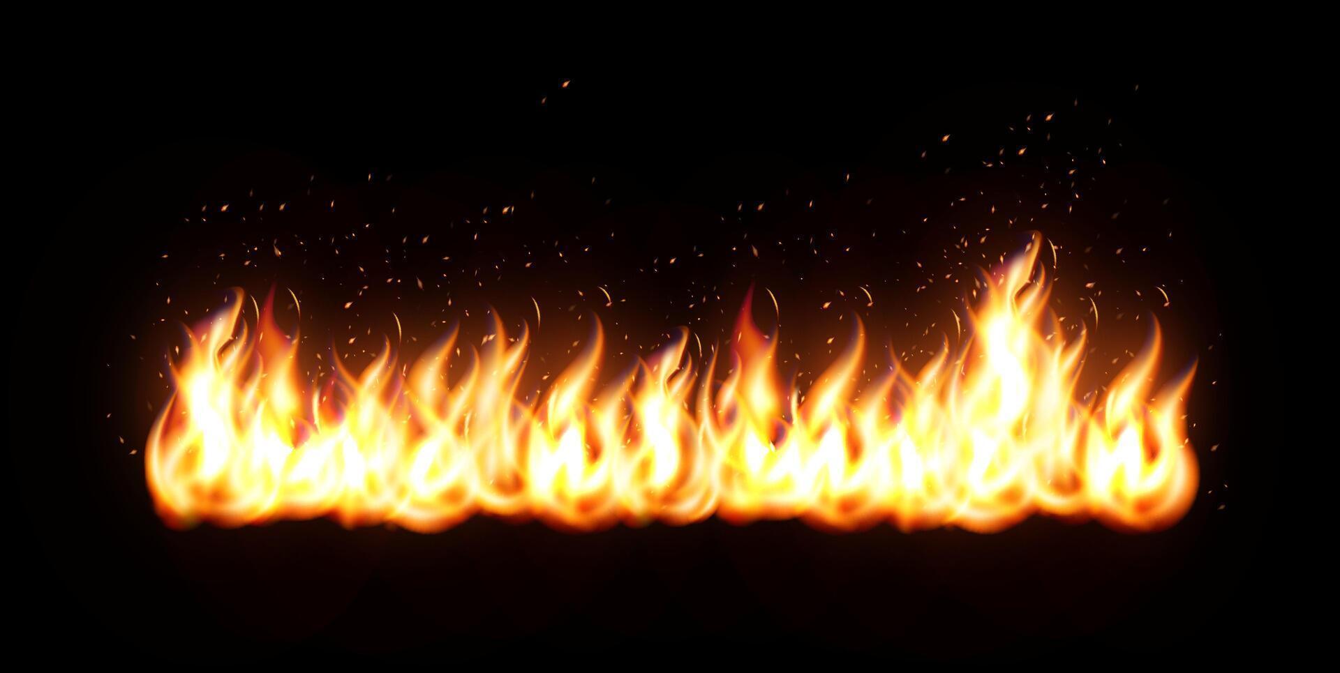 Realistic Horizontal Fire Border With Glowing Flames And Flying Sparks On Dark Background. Illustration vector