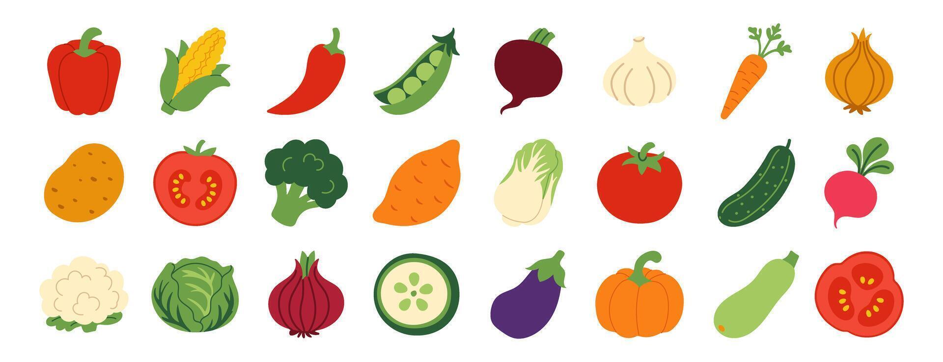 A collection of vegetables and fruits, including tomatoes, carrots, and broccoli vector