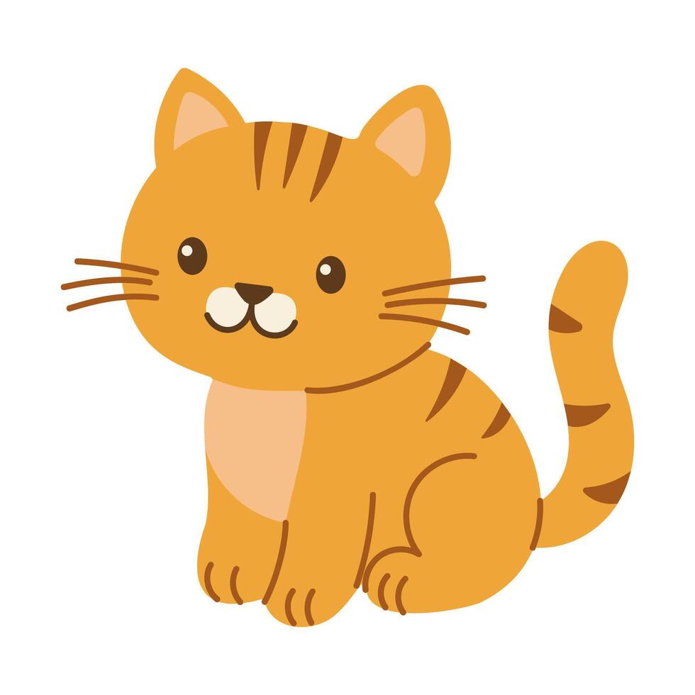 A cartoon cat with a smile on its face is sitting on a white background. The cat is orange and has stripes vector