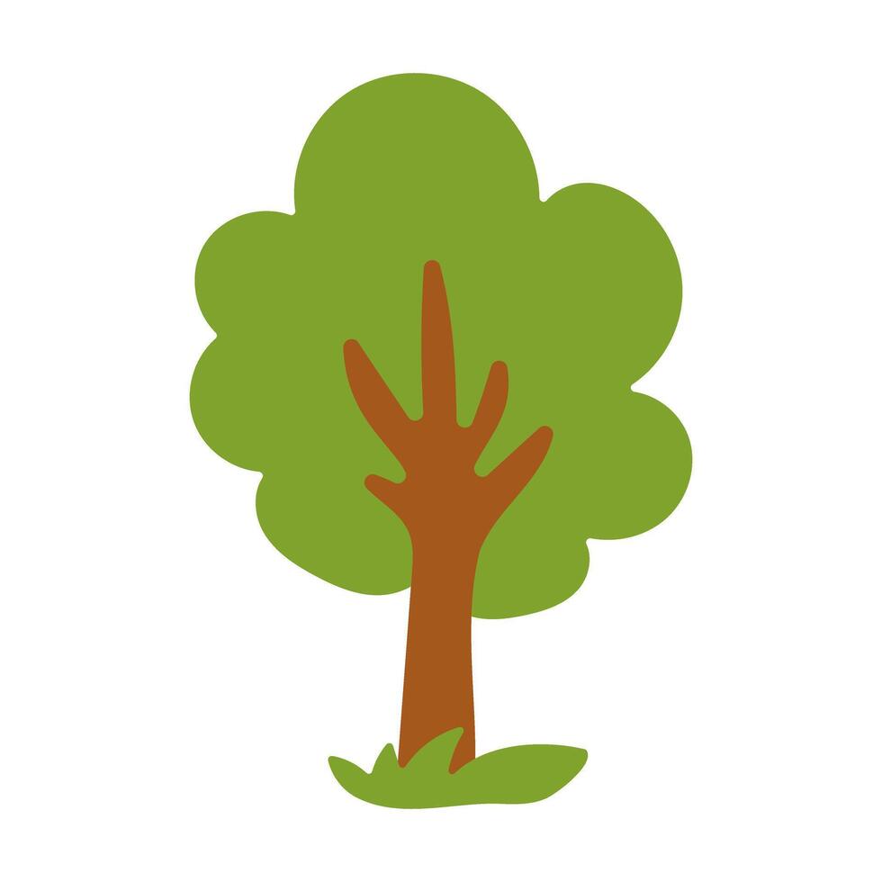 A cartoon tree with green leaves and brown trunk. The tree is standing in a grassy field vector