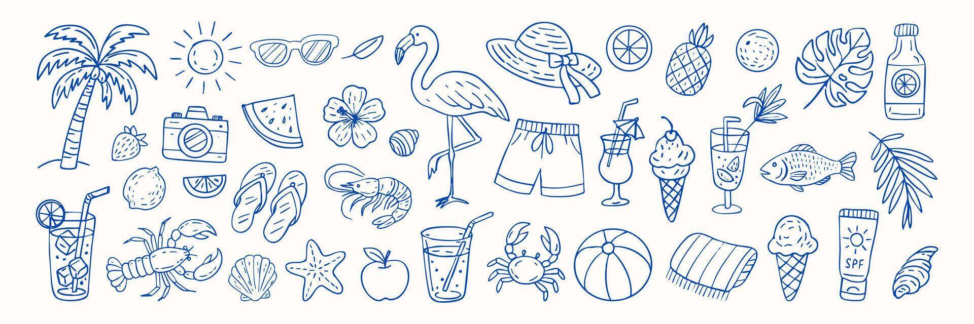 A blue and white drawing of a beach scene with various items such as a flamingo, a camera, a cup, a bottle, a hat, a ball, and a fish vector