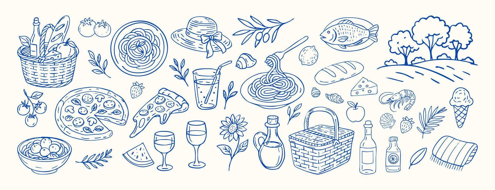 A blue and white drawing of food and drink items. Dolce vita. The drawing is of a picnic italian summer scene with a basket of food and drinks vector