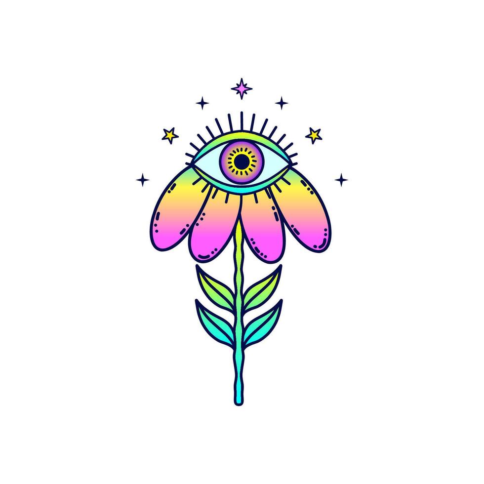 Surreal flower illustration with an eye at the center, featuring rainbow petals, vibrant leaves, and surrounding stars on a white background vector