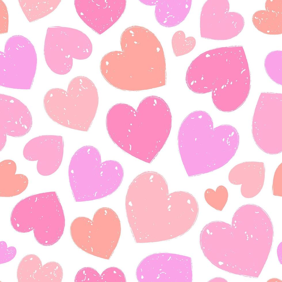 Pattern of colorful textured hearts in various shades of pink and red on a white background. vector